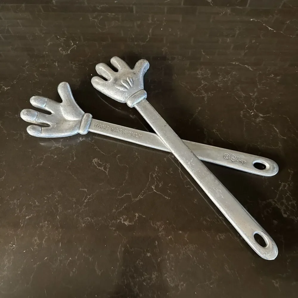 Vintage Disney Mickey Mouse Hands Cast Aluminum Salad Tongs Mixer Spoons Metal